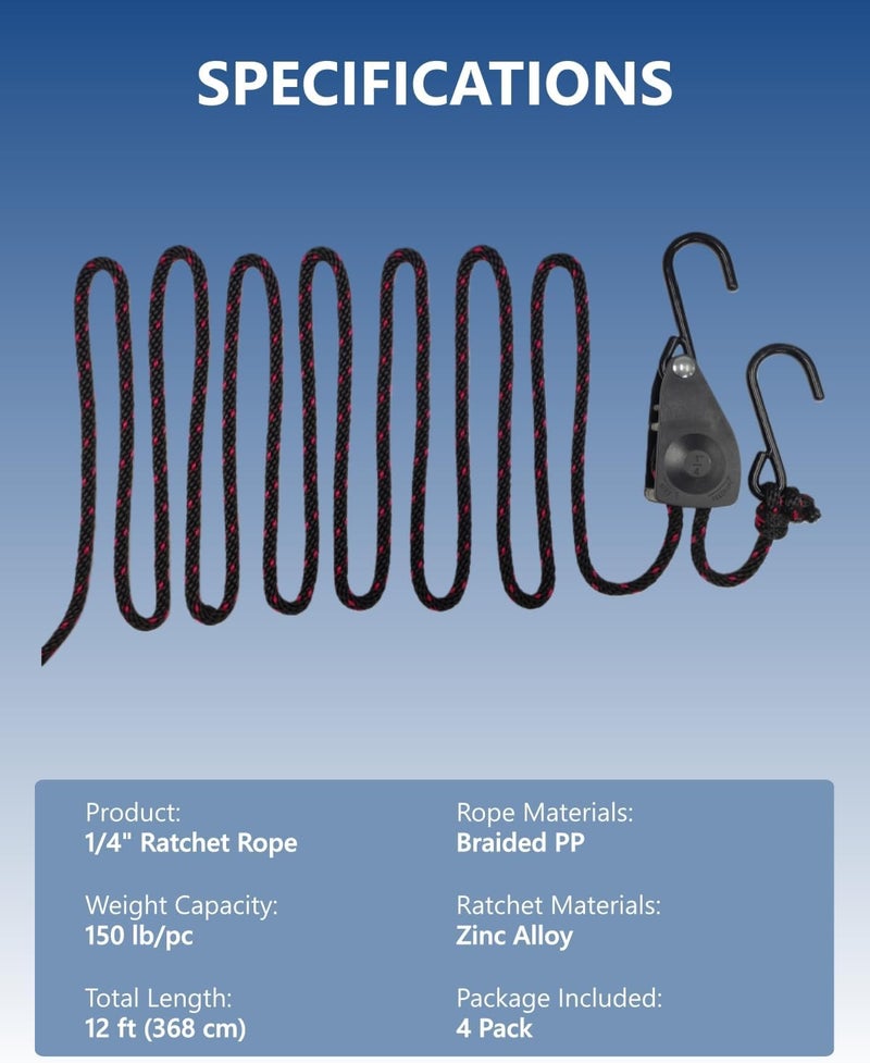 EVMANZ 1/4" Tie Down Ratchet Straps: 4 Pack of Heavy Duty Kayak Storage Hangers - Ratcheting Cargo Straps for Various Hanging and Strapping - Image 4
